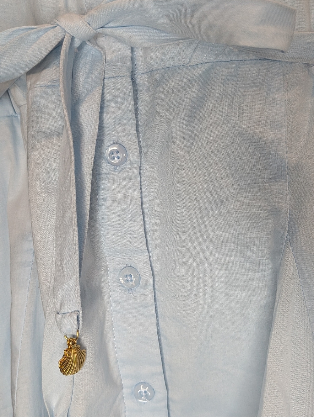 Light Blue Embroidered Puff-Sleeve Dress with Waist Tie - Picture 4 of 7